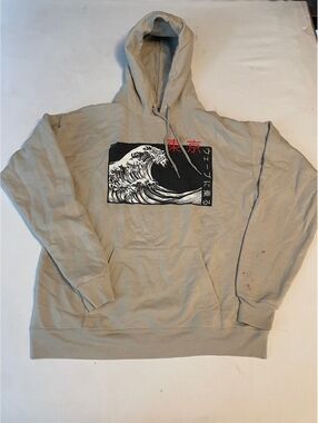 Artist Union Clothing Co. Medium Beige Hoodie with Japanese Wave Graphic